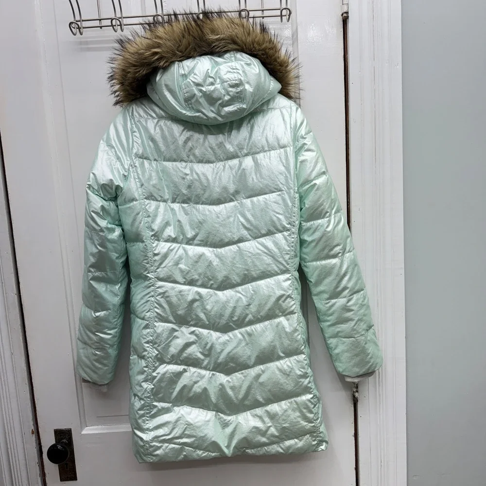 Lands End Girls XL 14 16 Primaloft Iridescent Fur Lined Winter Coat Puffer Green